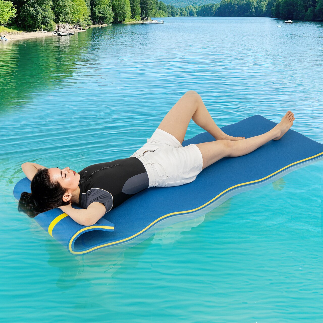 7ft Blue XPE Foam Water Mat Floating Island with Pillow and Safety Tether for Pool Lake or Beach Fun